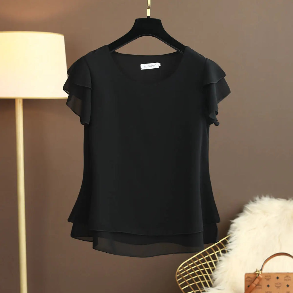Chiffon Bluse mit O-Ausschnitt und Kurzen Ärmeln