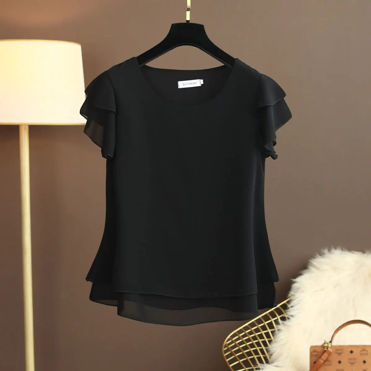 Chiffon Bluse mit O-Ausschnitt und Kurzen Ärmeln