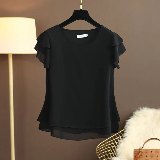 Chiffon Bluse mit O-Ausschnitt und Kurzen Ärmeln