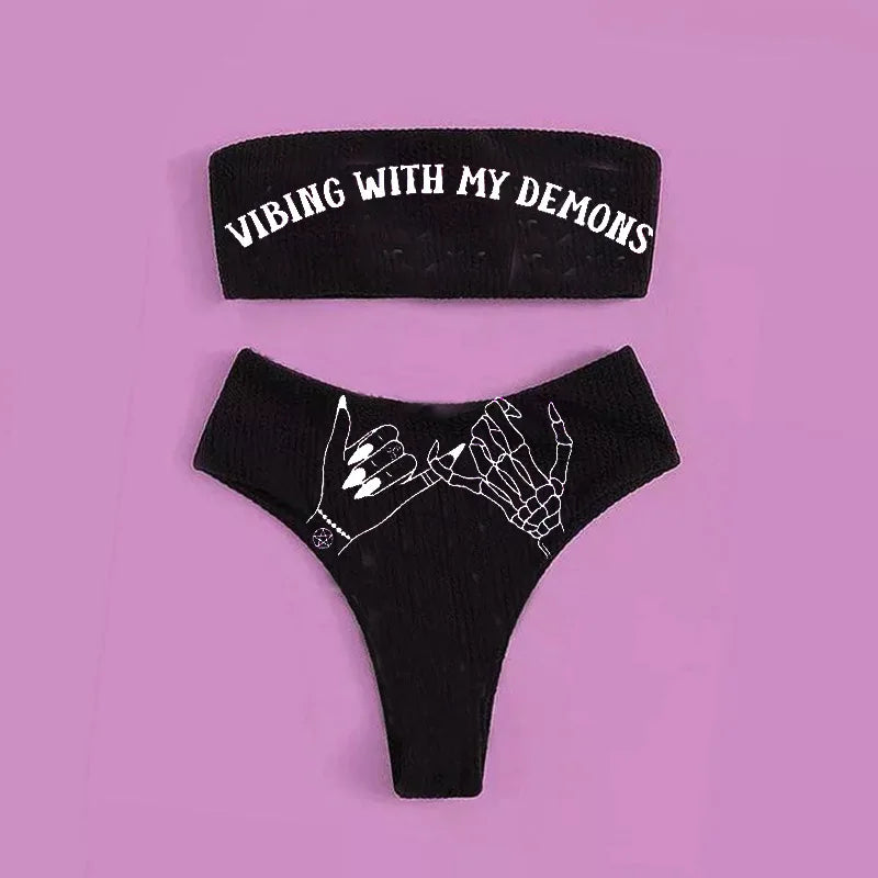 Sexy Goth Bikini Frauen Buchstaben Totenkopf Druck Badeanzug Split Badeanzug Hohe Taille Gotische Bikini Set Strandoutfits