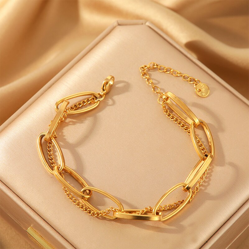 Damen Gold Doppel Dick Edelstahl Ring Link & Dünne Ketten Armbänder | Shop Nory
