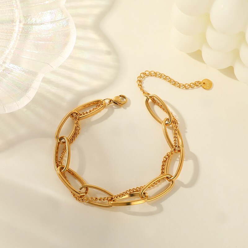 Damen Gold Doppel Dick Edelstahl Ring Link & Dünne Ketten Armbänder | Shop Nory