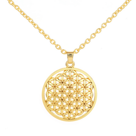 Damen Gold Rund ausgeschnittenes Blume des Lebens Mandala Edelstahl Anhänger Halskette | Shop Nory