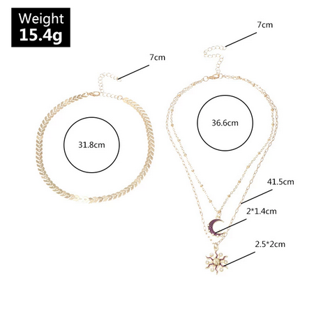 Damen Triple Layer Gold Zirkon Halb Kristall Mond Sonne Anhänger Halsketten Set | Shop Nory