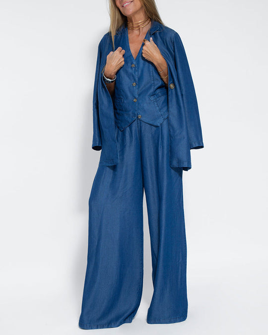 Elegantes 2-Teiliges Set Leinen Weite Hose & Weste