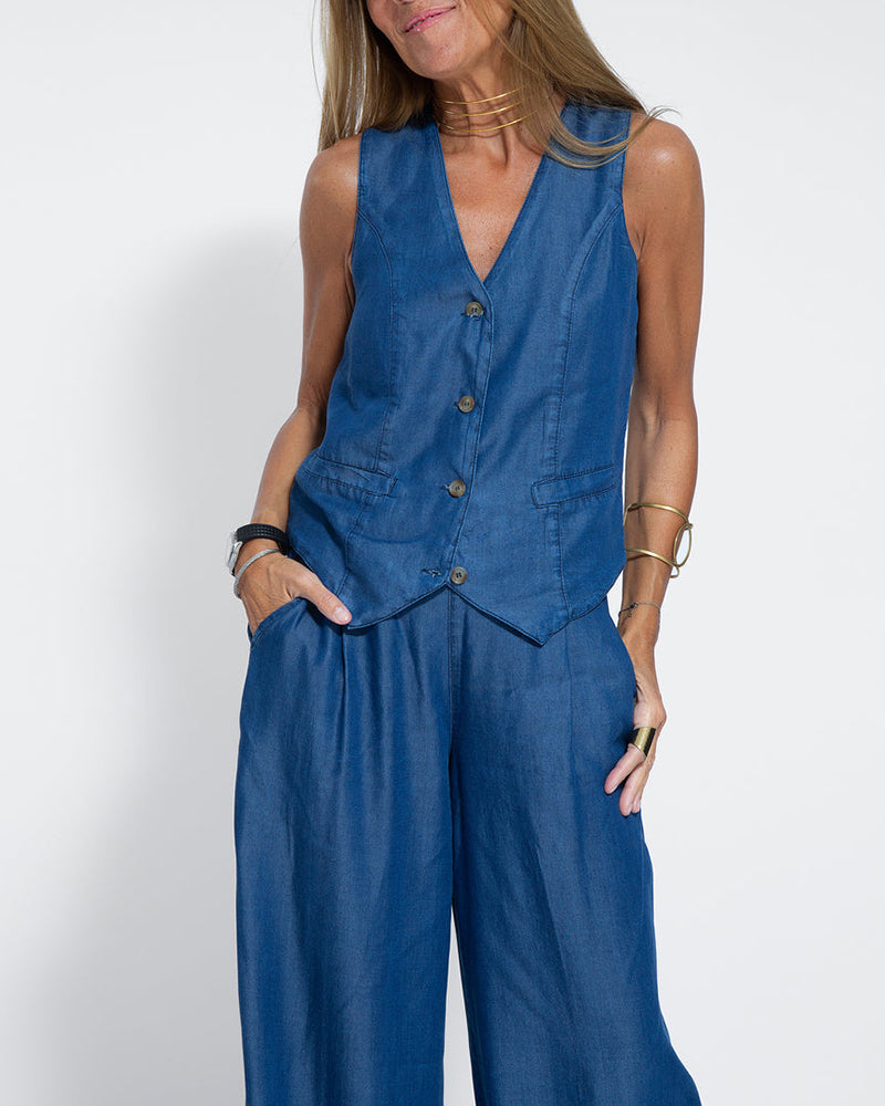 Elegantes 2-Teiliges Set Leinen Weite Hose & Weste