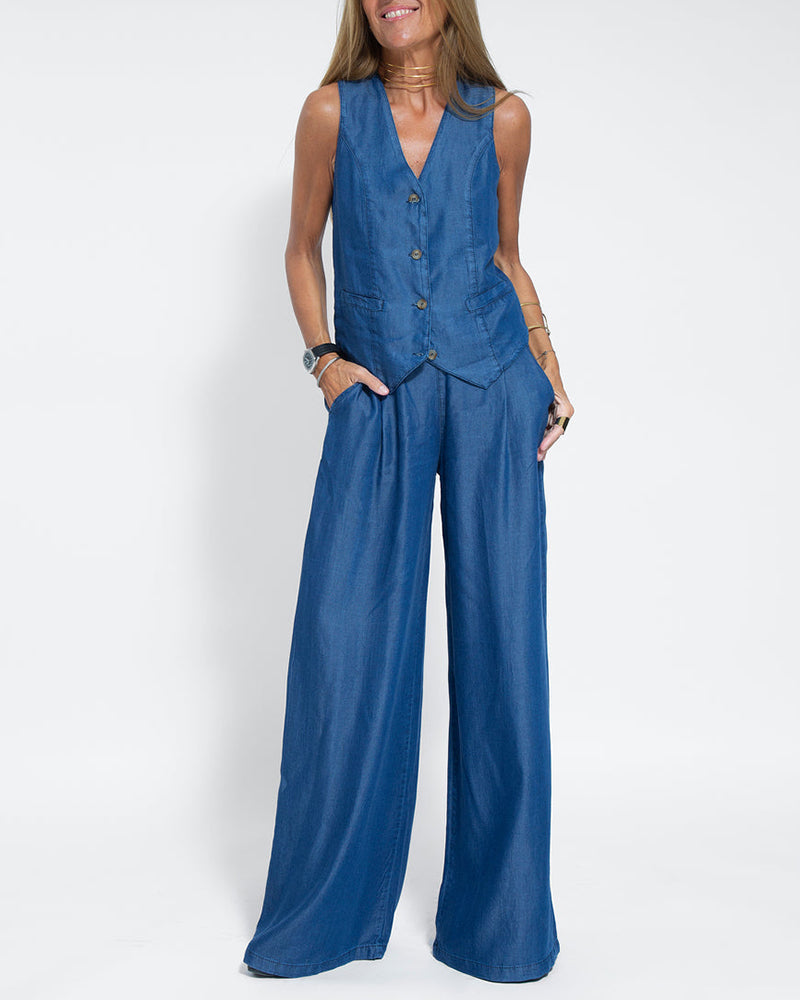 Elegantes 2-Teiliges Set Leinen Weite Hose & Weste