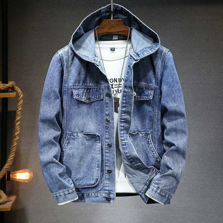Langärmelig Kapuze Denim Jacke mit Schaltflächen