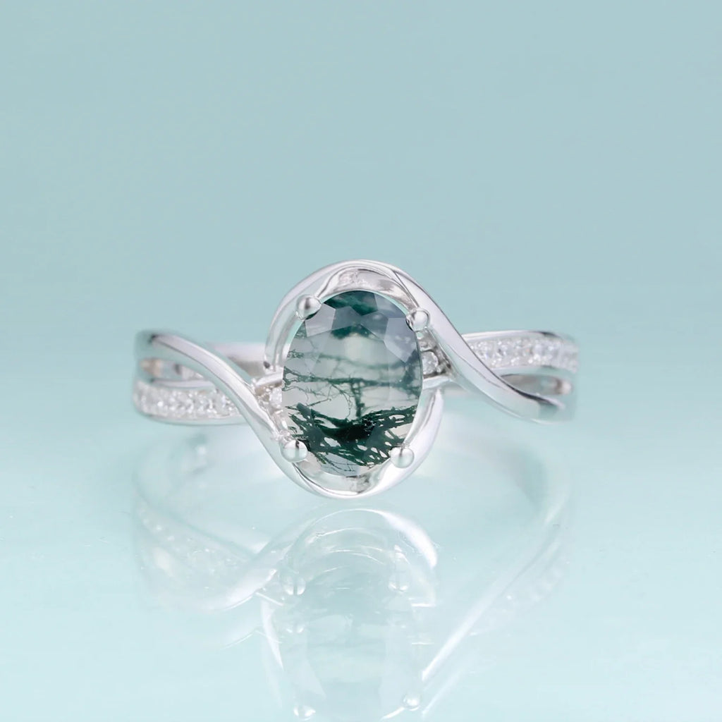 Verlobungsring aus Moosachat und Diamant, ovaler Verlobungsring aus Moosachat aus Sterlingsilber | Shop Nory