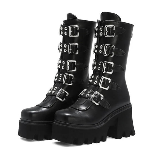 Gothic Schuhe Frauen Schwarz Hochstiefel Weiblich Hohe Absatz Frauen Combat Punk Chunky Dame