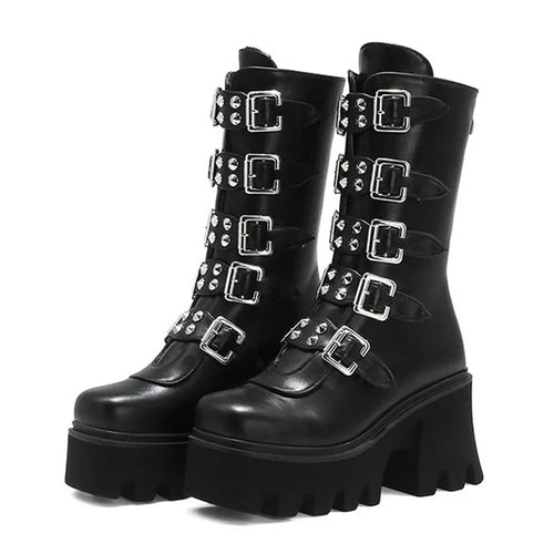 Gothic Schuhe Frauen Schwarz Hochstiefel Weiblich Hohe Absatz Frauen Combat Punk Chunky Dame