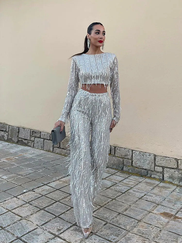 Quaste Pailletten Frauen 2 Teilig Set Herbst Silber Licht Seide O-Ausschnitt Crop Tops Breite Bein Hosen Damen Anzug Mode Straße Damen Set