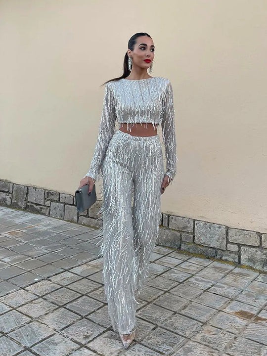 Quaste Pailletten Frauen 2 Teilig Set Herbst Silber Licht Seide O-Ausschnitt Crop Tops Breite Bein Hosen Damen Anzug Mode Straße Damen Set