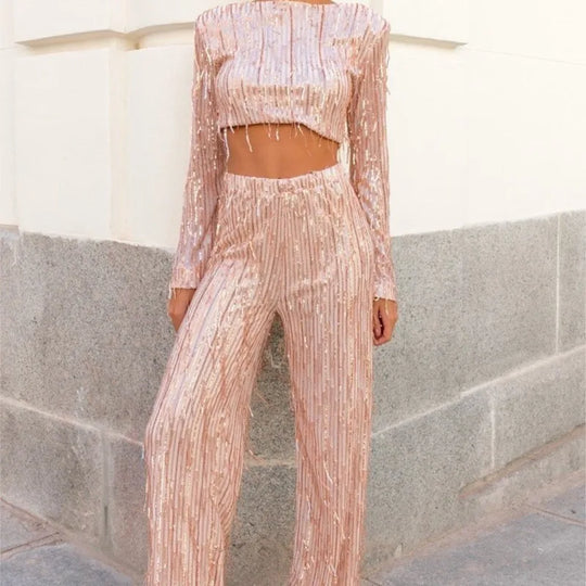 Quaste Pailletten Frauen 2 Teilig Set Herbst Silber Licht Seide O-Ausschnitt Crop Tops Breite Bein Hosen Damen Anzug Mode Straße Damen Set