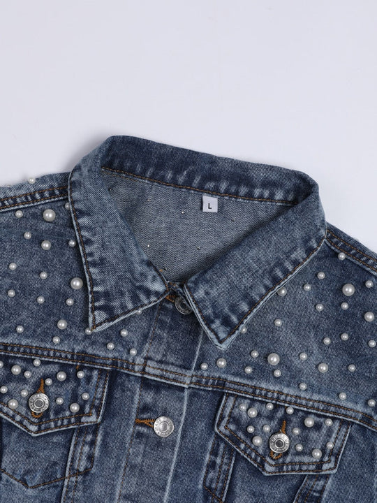 Exklusive Lina Jeansjacke Denim-LiShopnoryling mit Stilvoller Perlenverzierung