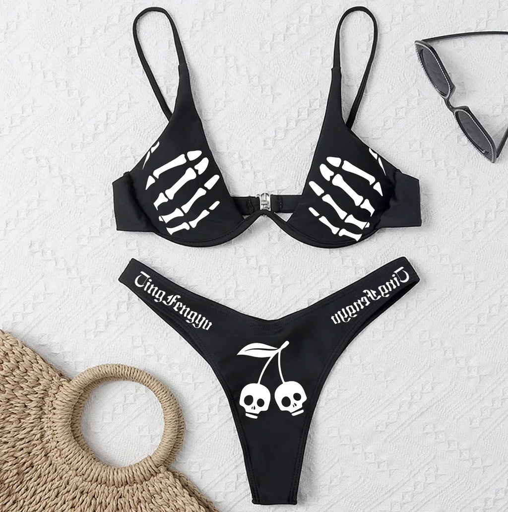 Sexy Goth Bikini Frauen Buchstaben Totenkopf Druck Badeanzug Split Badeanzug Hohe Taille Gotische Bikini Set Strandoutfits