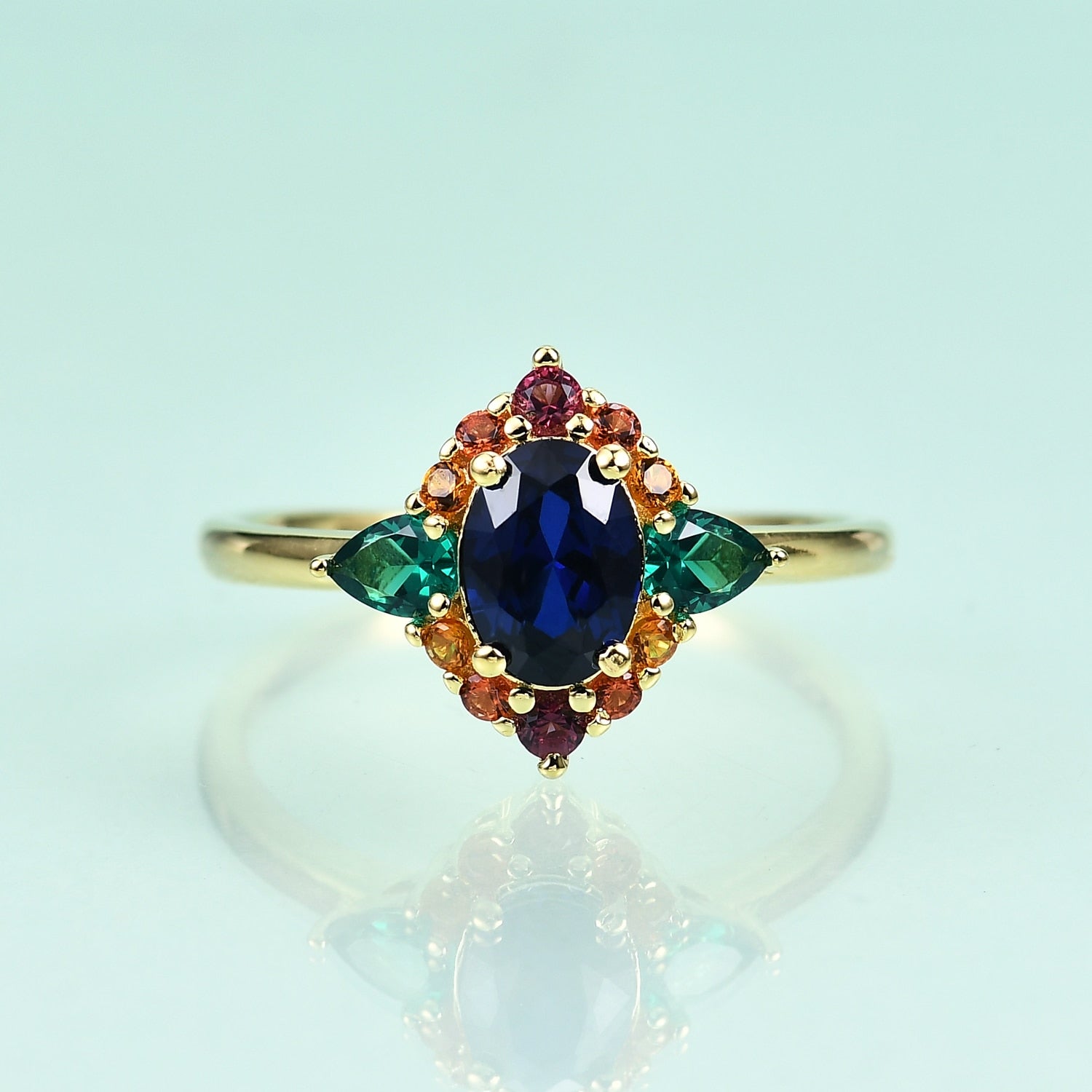 Blauer Saphirring mit buntem Smaragdring im Art-Deco-Vintage-Stil | Shop Nory