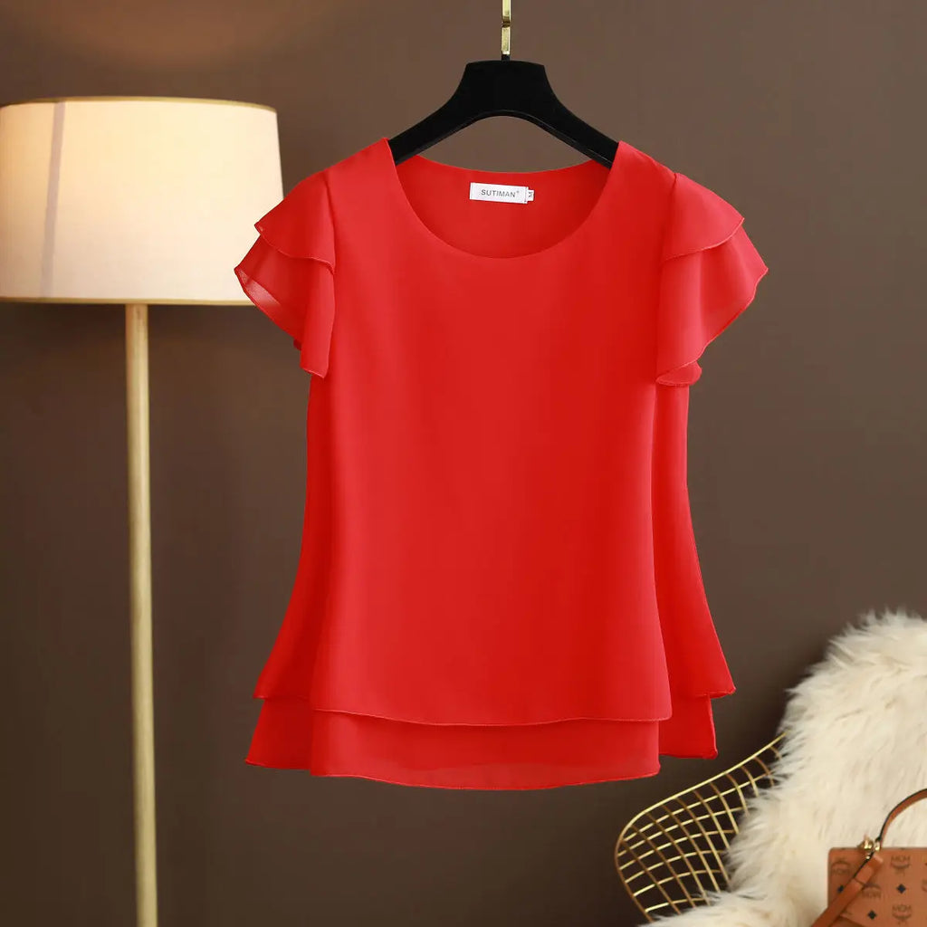 Chiffon Bluse mit O-Ausschnitt und Kurzen Ärmeln