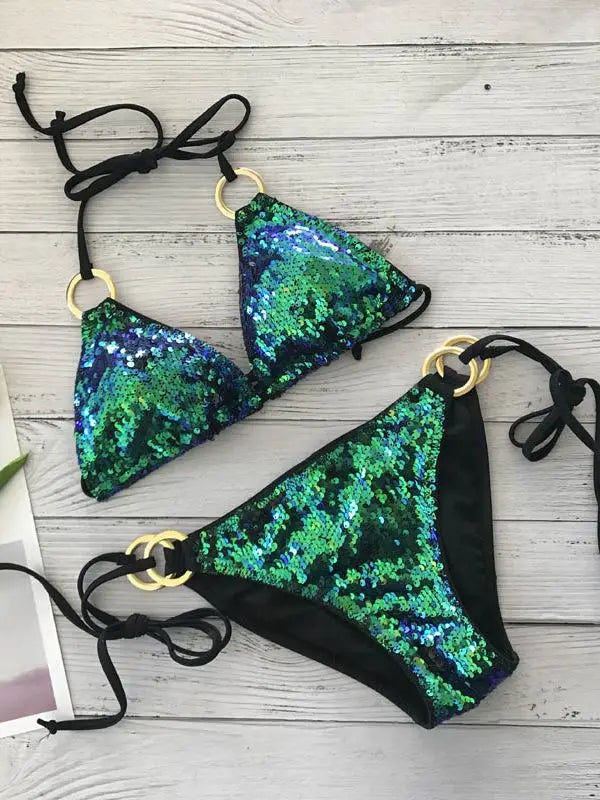 Shopnory | Neu Sexy Bikinis Pailletten Goldfarbe Frauen Bandage Bikini Set Push-Up Vorgepolsterter Bh Badeanzug Set Bademode