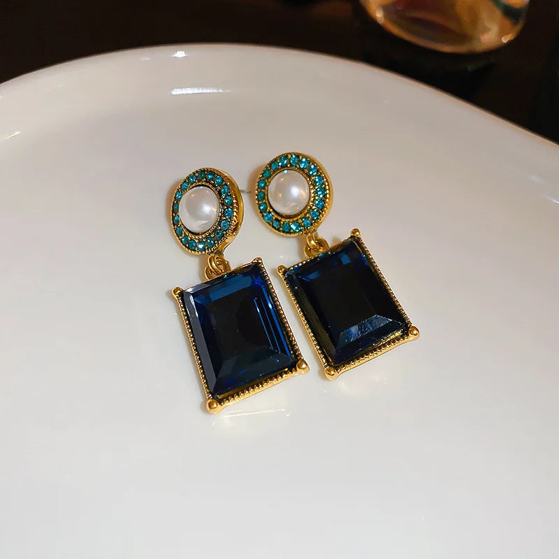 Damen Blau Grün Quadratische Kristalle Perlen Hängende Tropfen Ohrringe | Shop Nory