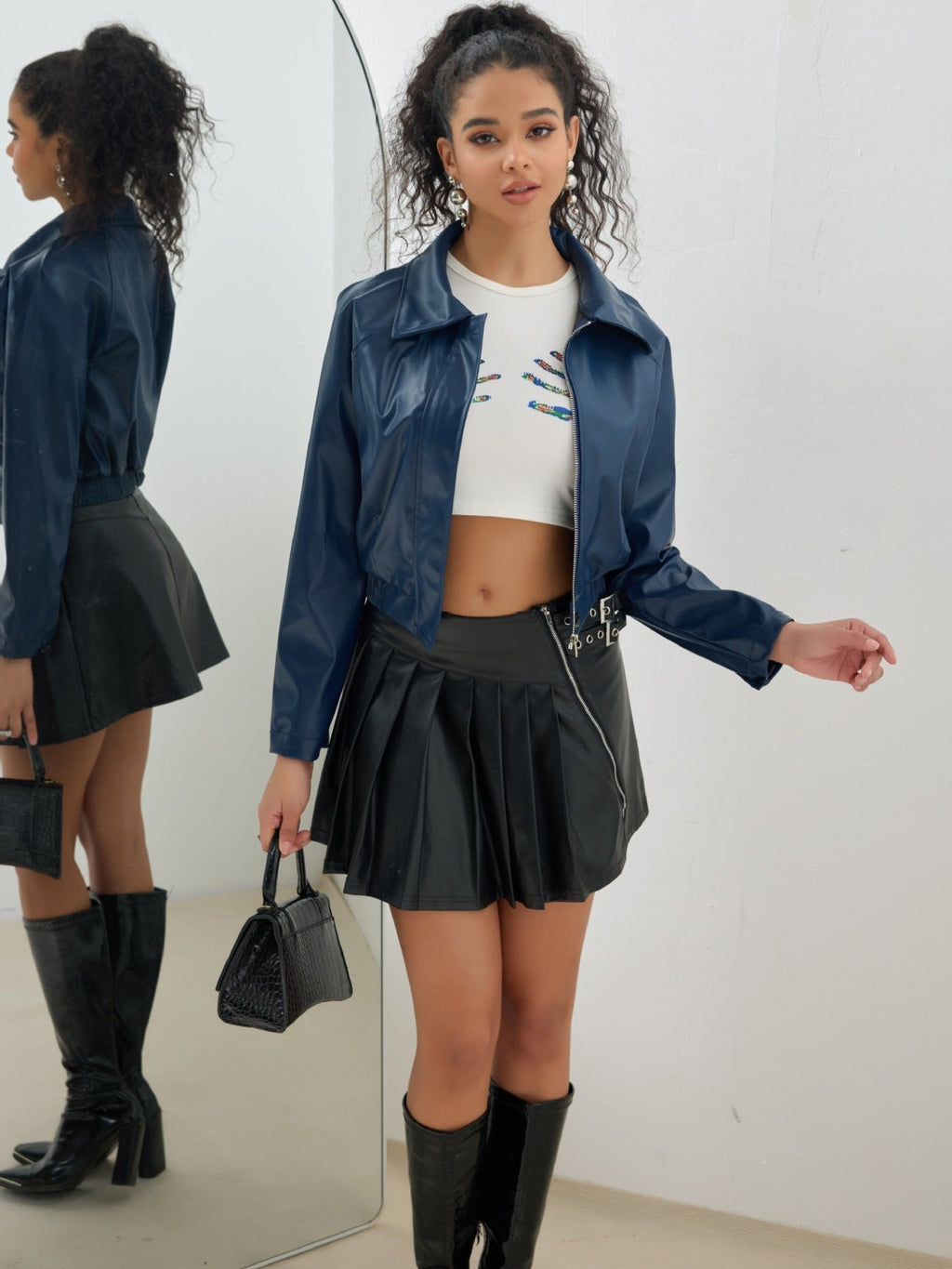 Damen trendige cropped Kunstlederjacke mit ausgefallenem Verschluss Shopnory