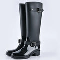 Damen wasserdichte knielange Gummistiefel mit Schnallen & Blockabsätzen