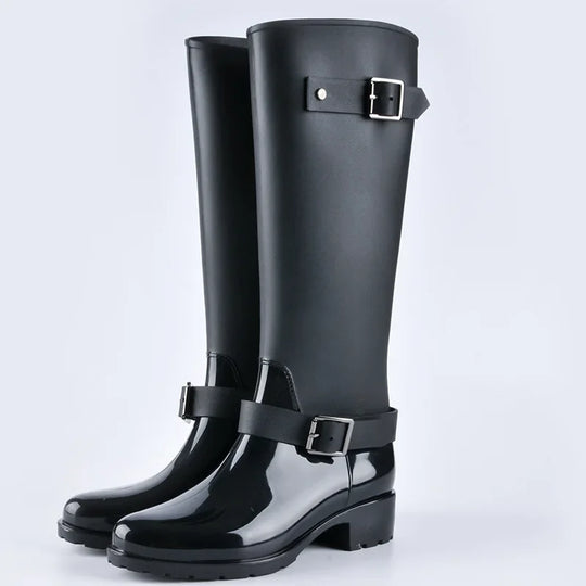 Damen wasserdichte knielange Gummistiefel mit Schnallen & Blockabsätzen
