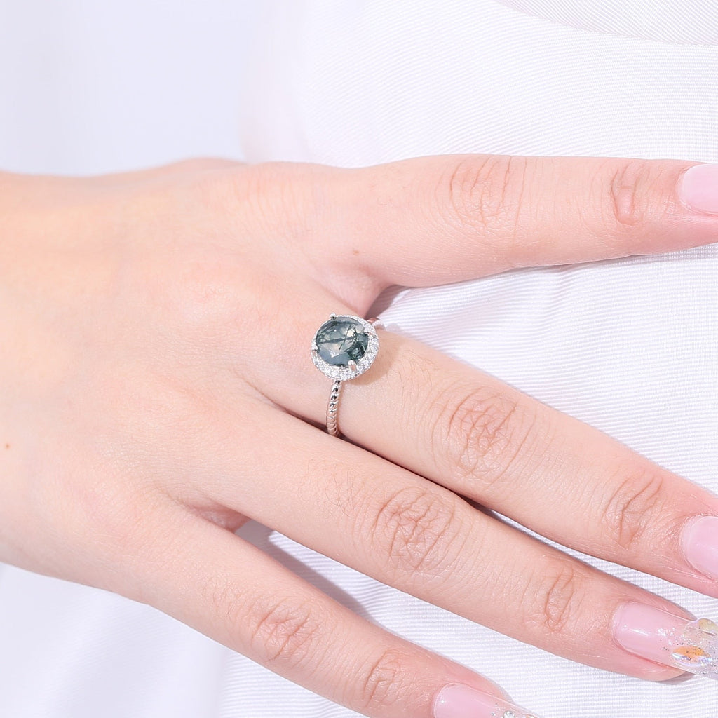 Moosachat-Verlobungsring, runder Halo-Ring in Silber | Shop Nory