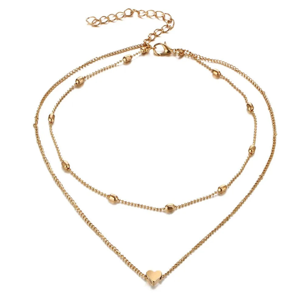Damen Gold Silber Rund Perlenkette Herzanhänger Doppelschicht Halsketten | Shop Nory