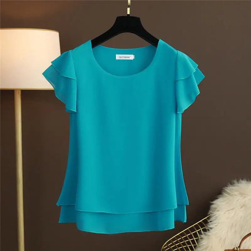 Chiffon Bluse mit O-Ausschnitt und Kurzen Ärmeln