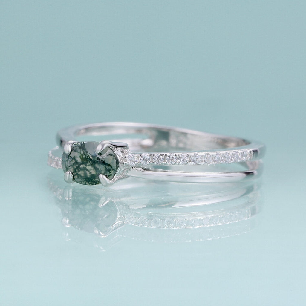 Moosachat-Ehering mit kreuzförmigem Design in Silber | Shop Nory