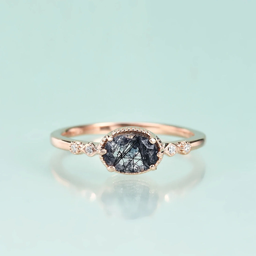 Echter schwarzer Rutilquarz-Verlobungsring, schlicht und einzigartig, Art-Deco-Roségold | Shop Nory