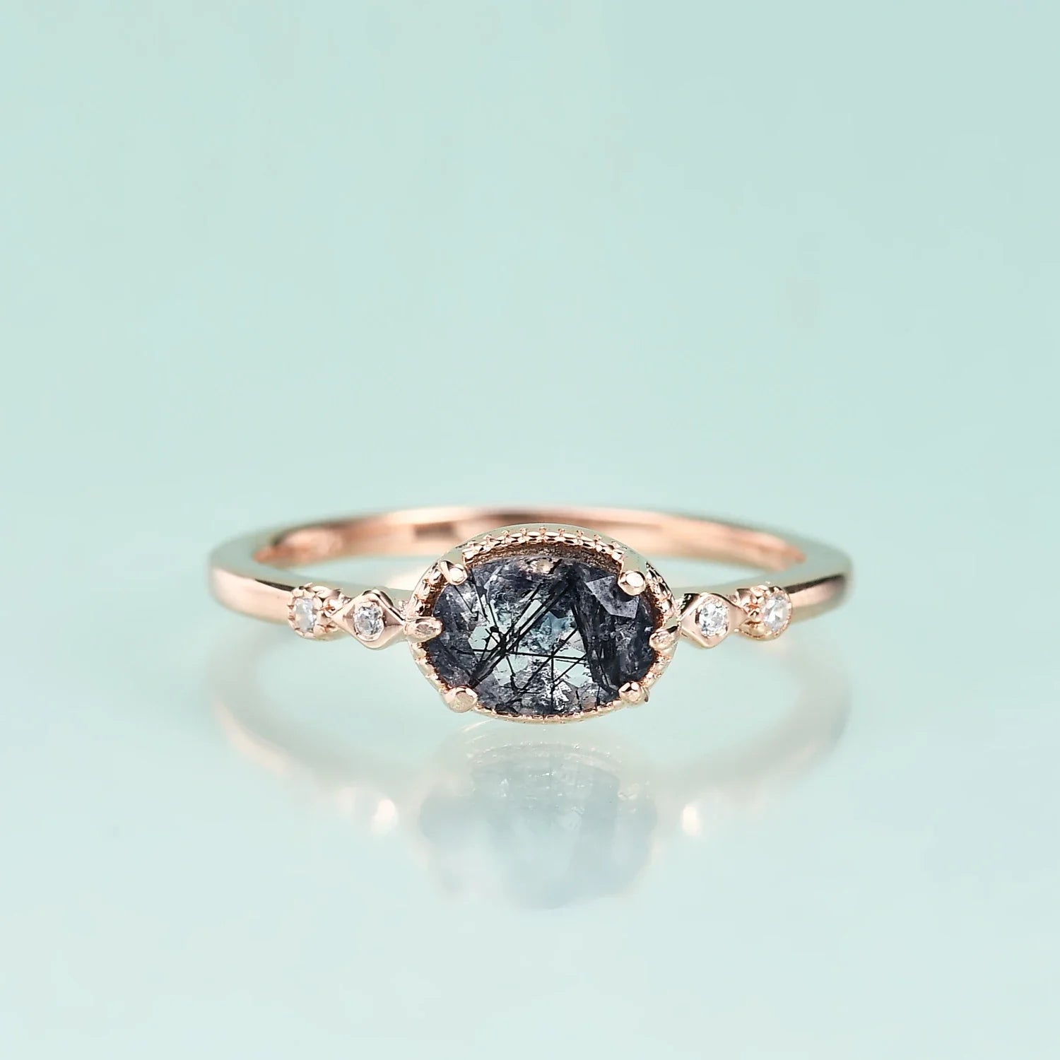 Echter schwarzer Rutilquarz-Verlobungsring, schlicht und einzigartig, Art-Deco-Roségold | Shop Nory