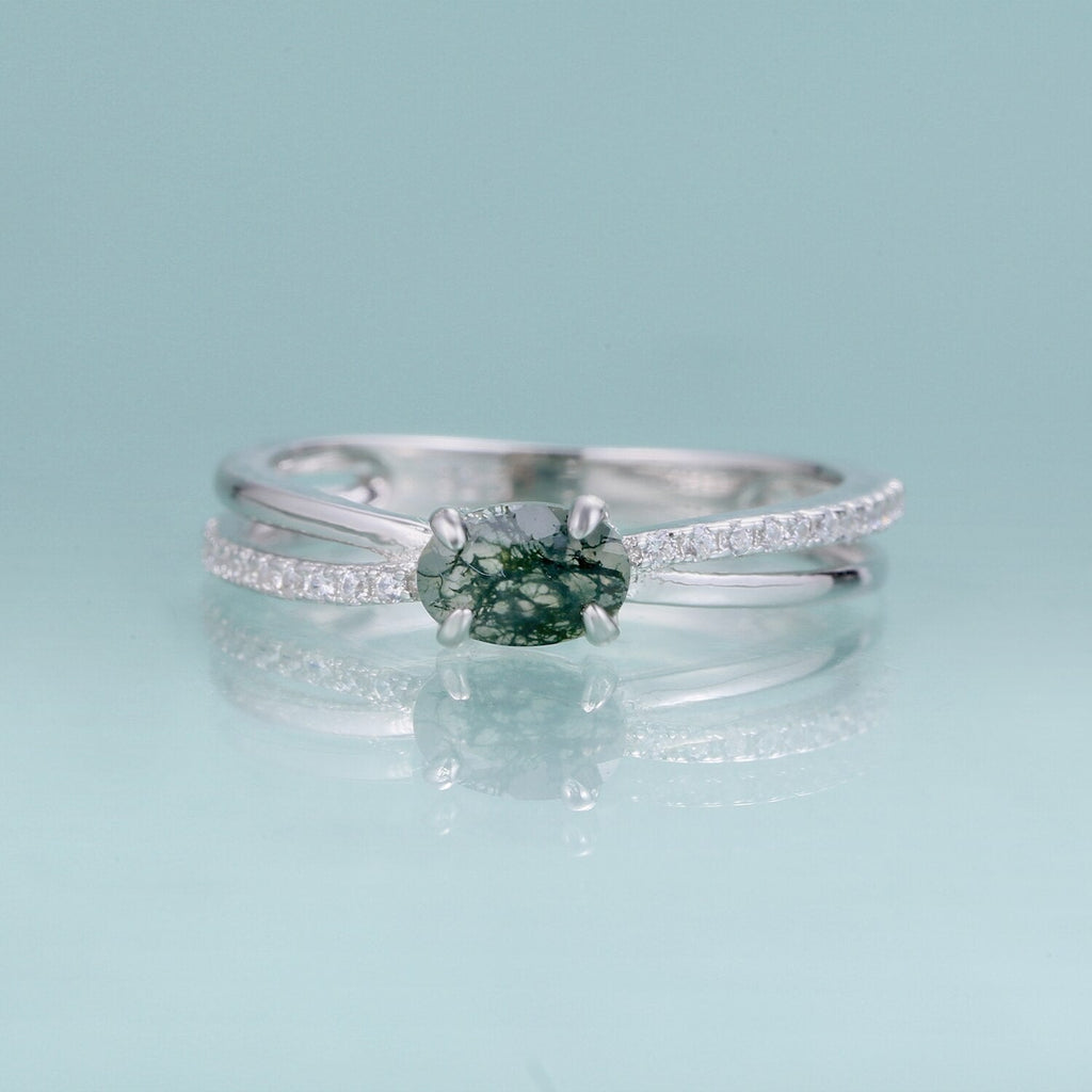 Moosachat-Ehering mit kreuzförmigem Design in Silber | Shop Nory