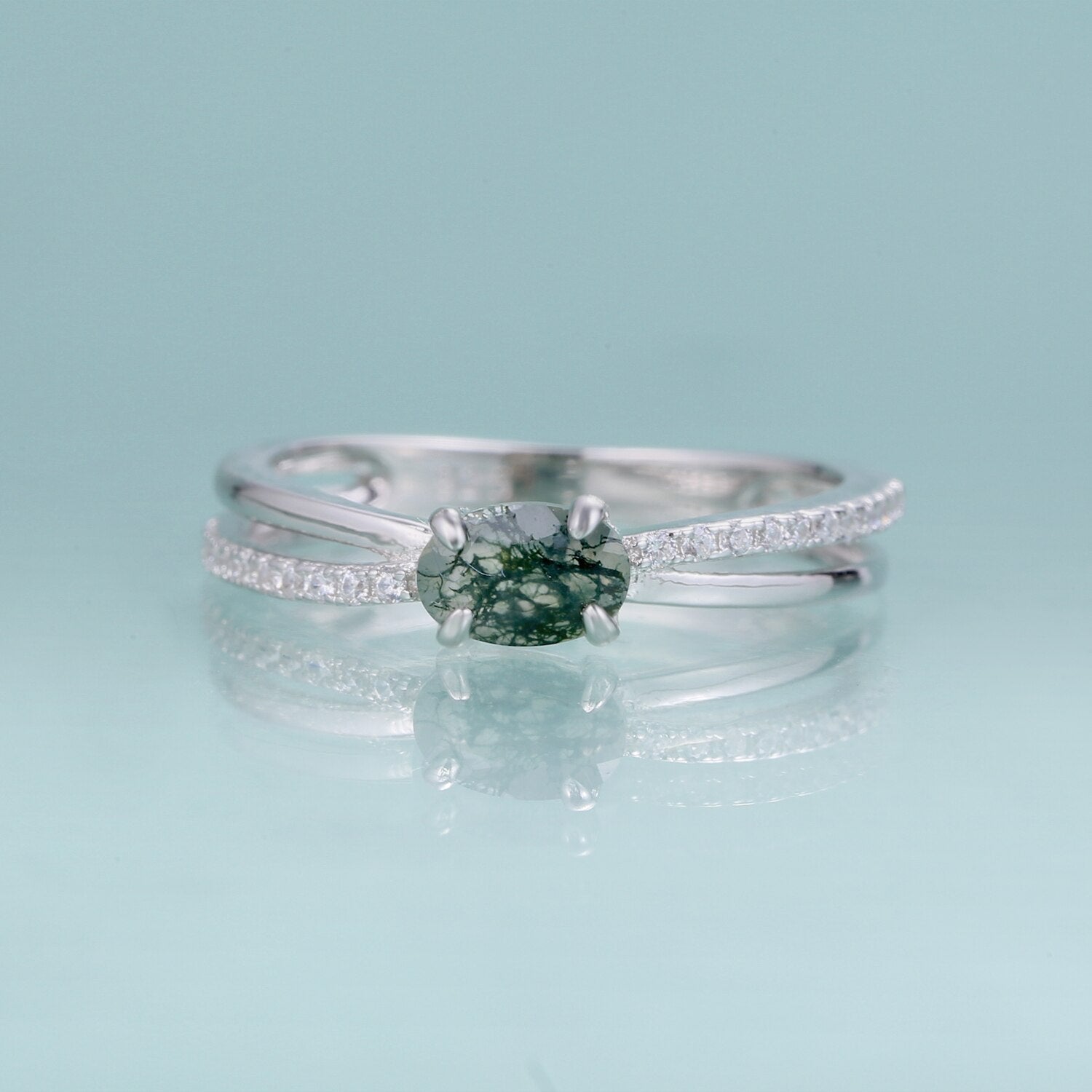Moosachat-Ehering mit kreuzförmigem Design in Silber | Shop Nory