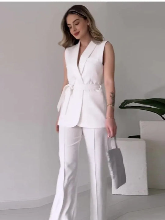 Ärmelloser Blazer-Anzug Taillierte Passform Wickel-V-Ausschnitt Weite Hose