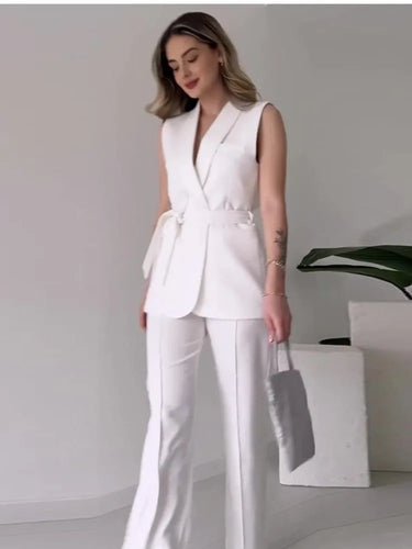 Ärmelloser Blazer-Anzug Taillierte Passform Wickel-V-Ausschnitt Weite Hose