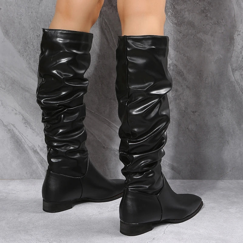 Knielange Punk-Stil Falten Pu-Leder Stiefel
