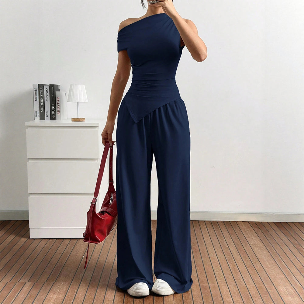 Damen Elegante Jumpsuit-Kombination mit asymmetrischem Oberteil und weitem Bein