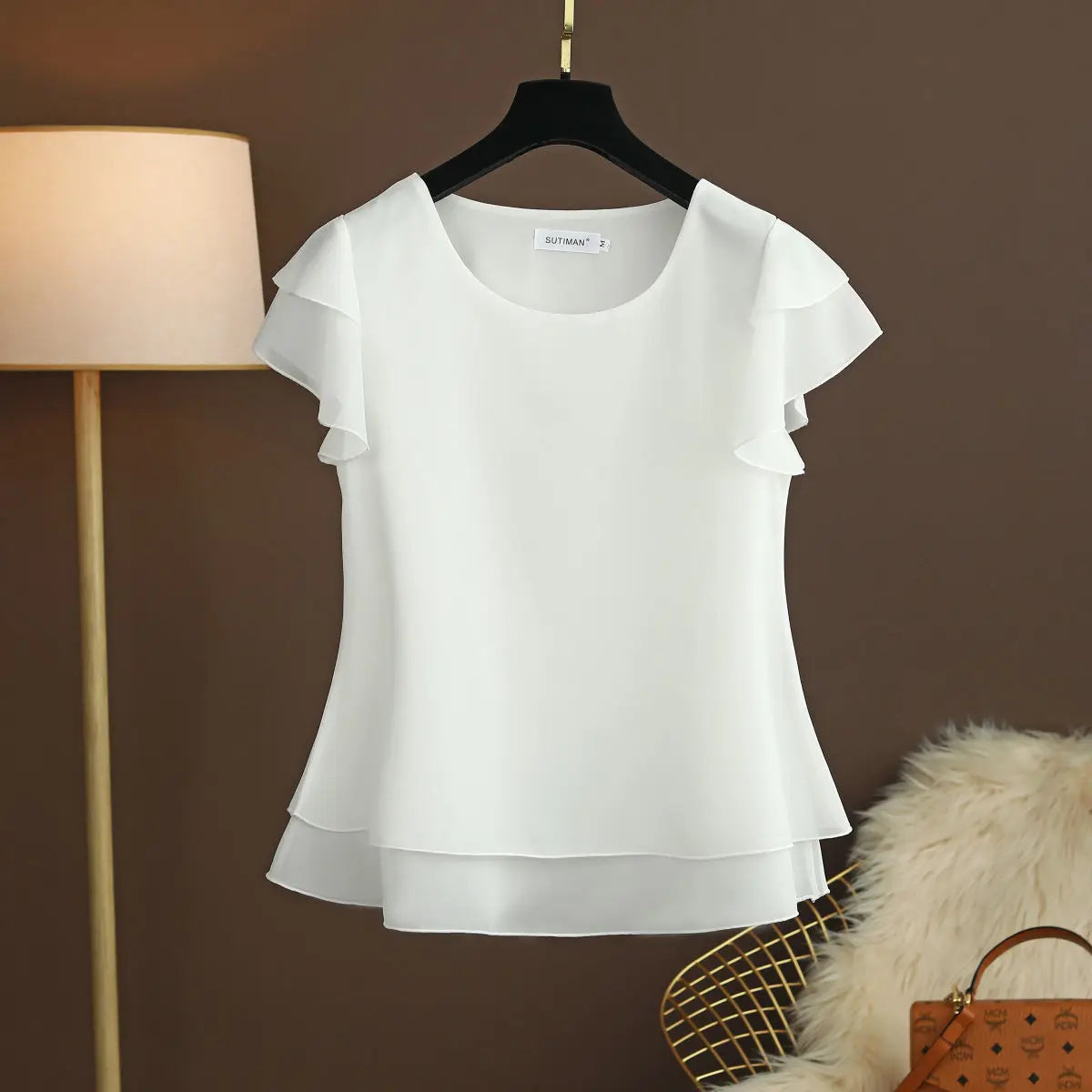 Chiffon Bluse mit O-Ausschnitt und Kurzen Ärmeln