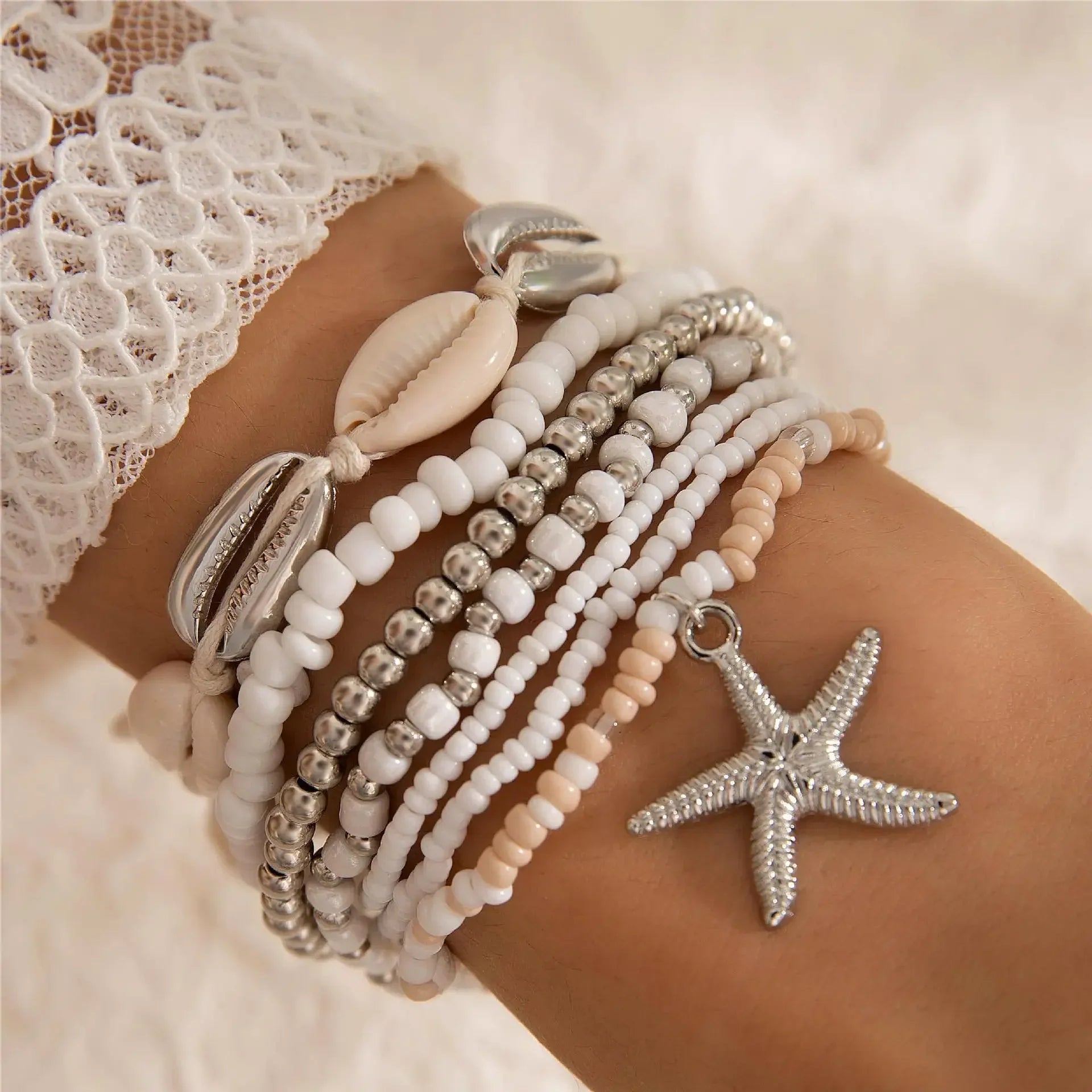 7-teiliges Boho Seestern- und Muschel-Perlenarmband-Set für Frauen Shop Nory