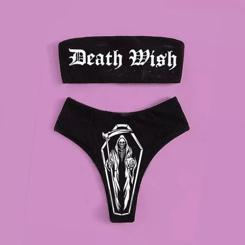 Sexy Goth Bikini Frauen Buchstaben Totenkopf Druck Badeanzug Split Badeanzug Hohe Taille Gotische Bikini Set Strandoutfits