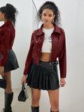 Damen trendige cropped Kunstlederjacke mit ausgefallenem Verschluss Shopnory