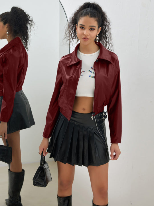 Damen trendige cropped Kunstlederjacke mit ausgefallenem Verschluss Shopnory