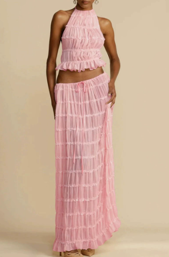 Damen Elegantes und verspieltes Zweiteiliges Sommerkleid mit gerafftem Oberteil und fließendem Rock