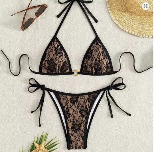Spitzen-Patchwork V-Ausschnitt Bikini-Set