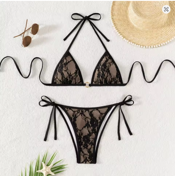 Spitzen-Patchwork V-Ausschnitt Bikini-Set