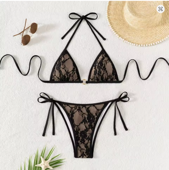 Spitzen-Patchwork V-Ausschnitt Bikini-Set