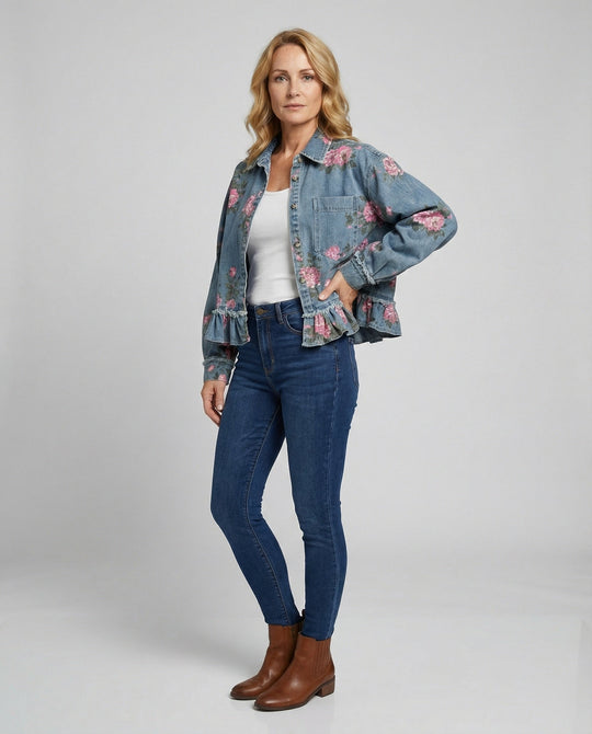 Damen Jeansjacke kurz mit Blumenprint