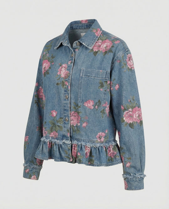 Damen Jeansjacke kurz mit Blumenprint